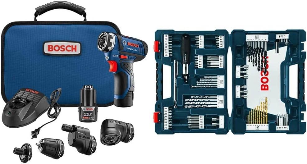 Bosch GSR12V-140FCB22 Cordless Electric Screwdriver 12V Kit - 5-In-1 Multi-Head Power Drill Set and 91-Piece Drilling and Driving Mixed Set MS4091
