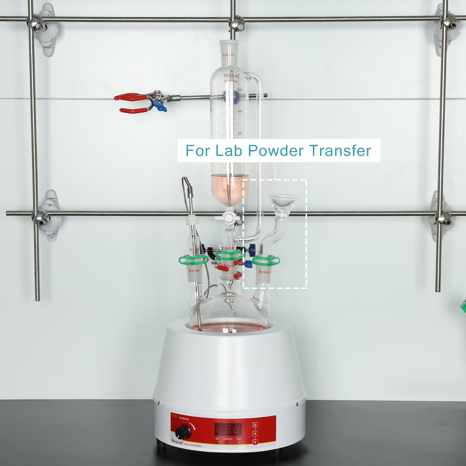 stonylab Imbuto per Polveri con Design Decentrato, Vetro Borosilicato con Giunto Standard 24/40, Diametro Superiore 75mm, Resistente e Riutilizzabile per Laboratorio, Ricerca e Insegnamento