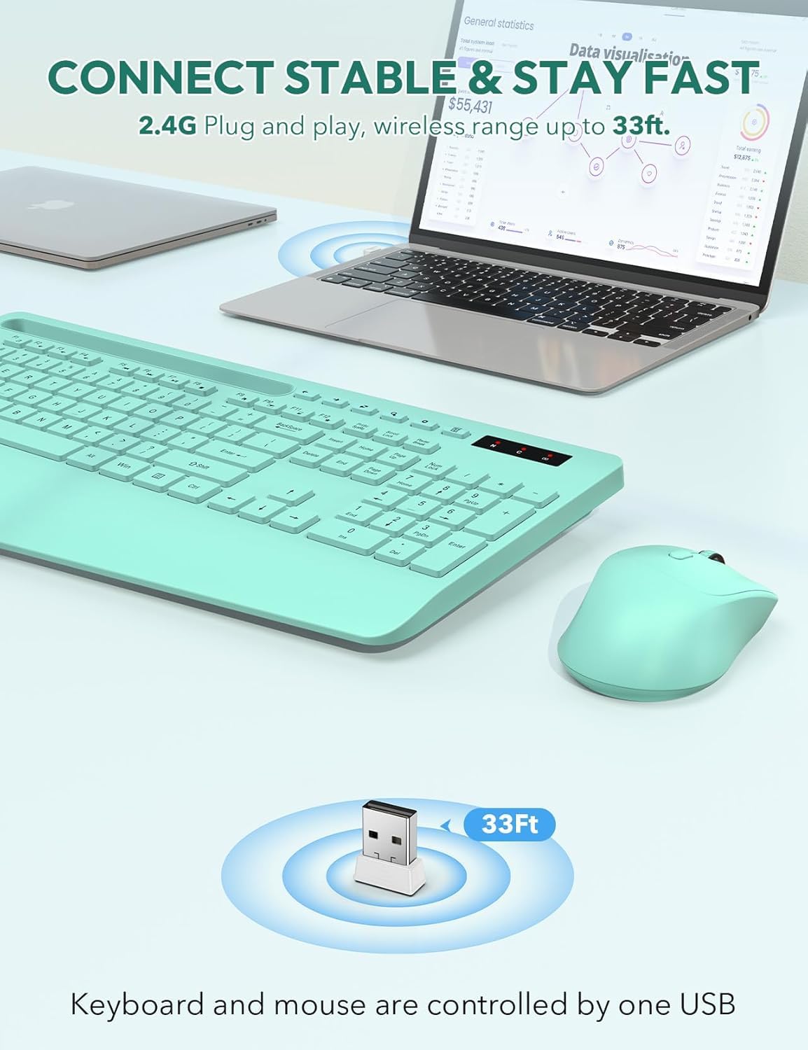 SABLUTE Bezprzewodowa klawiatura i mysz, podpórka pod nadgarstek, uchwyt na telefon, baterie w zestawie, ergonomiczna klawiatura 2,4 G, bez opóźnień, zestaw bezprzewodowy, do komputera, laptopa