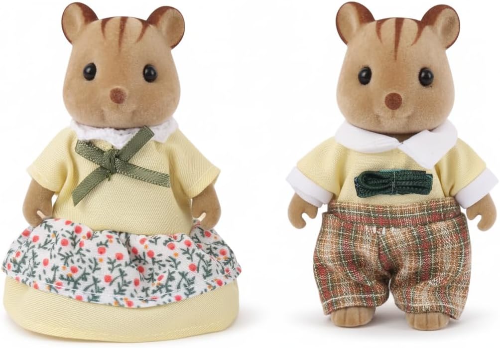 Family Brown Chipmunk Figures — Set of 2 Collectible Flocked Mini Dolls with Removable Clothes, Dollhouse Pretend Play Set for Kids Ages 3+