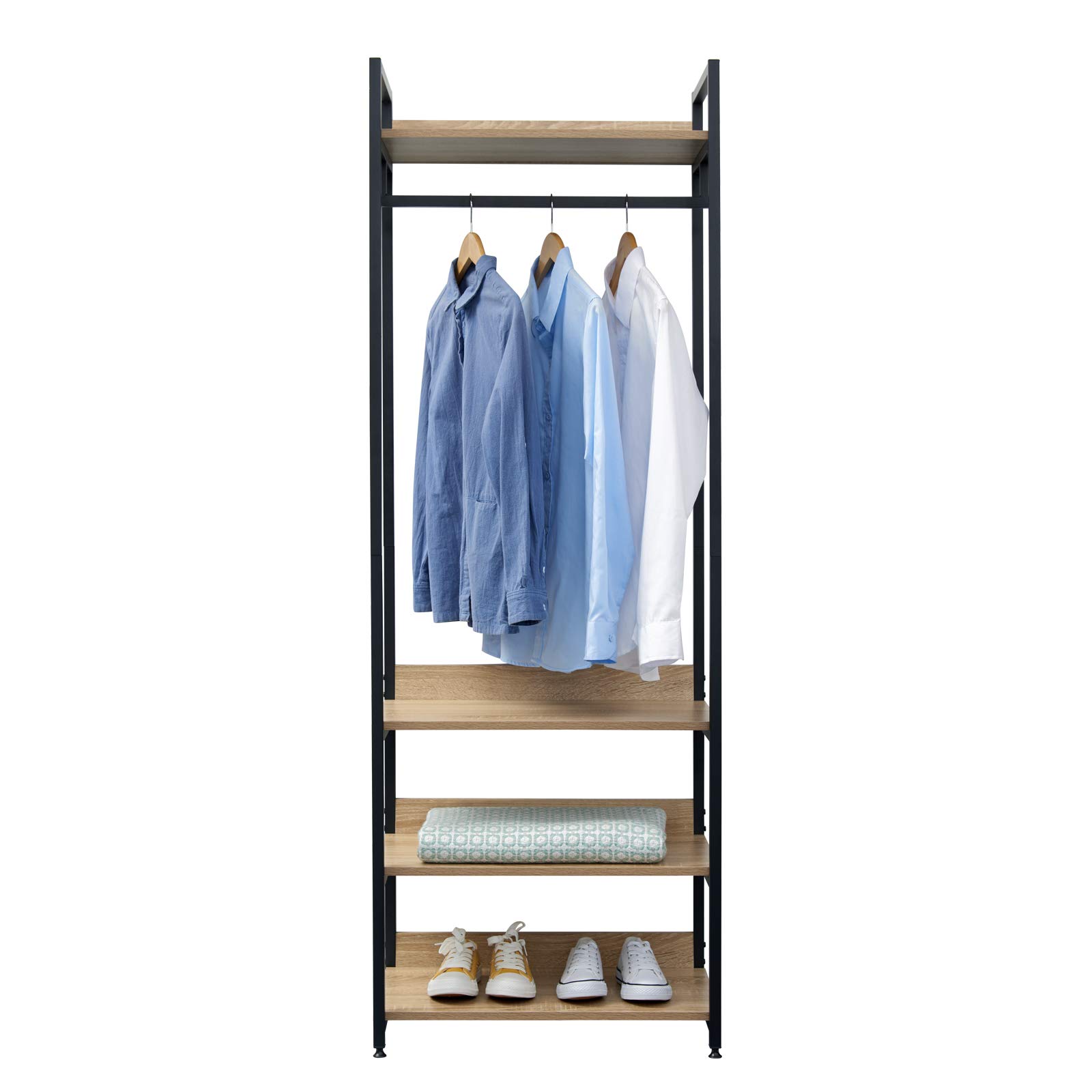 WOLTU Porte-Manteau Meuble pour Vêtements avec un Tringle et 4 Étagères de Rangement en Bois et Acier, Penderie Ouverte pour Salon, Chambre Chêne clair + Noir
