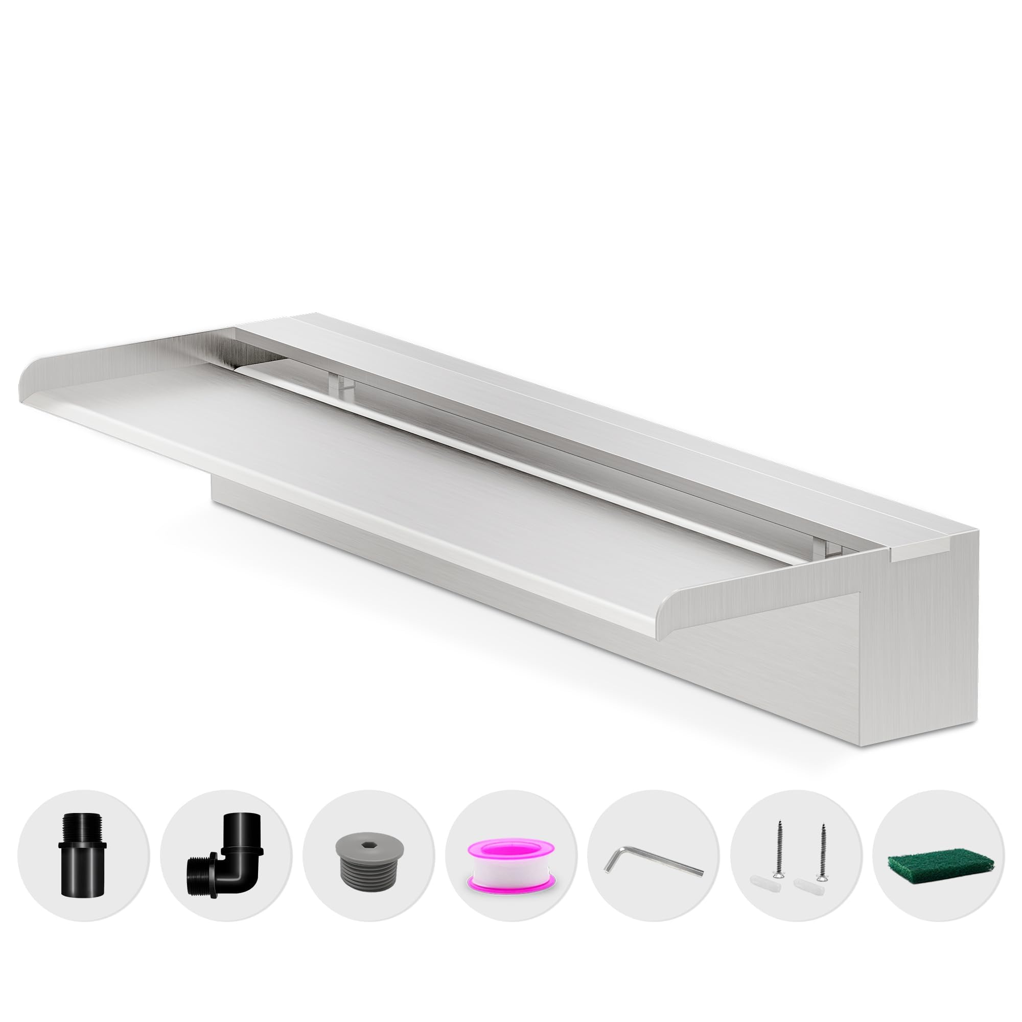 Waterfall Pool Fountain, LONGRUNNEW Stainless Steel Waterfall Spillway with Pipe Connector Kits for Outdoor/Indoor Decorative, 23.6 Inches Pool Water