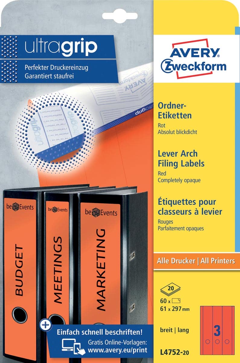 Avery Zweckform L4752-20 Folder Labels for Wide Folders Long e.g. for Leitz Elba Mehle Bene Biella 61 x 297 mm 20 Sheets