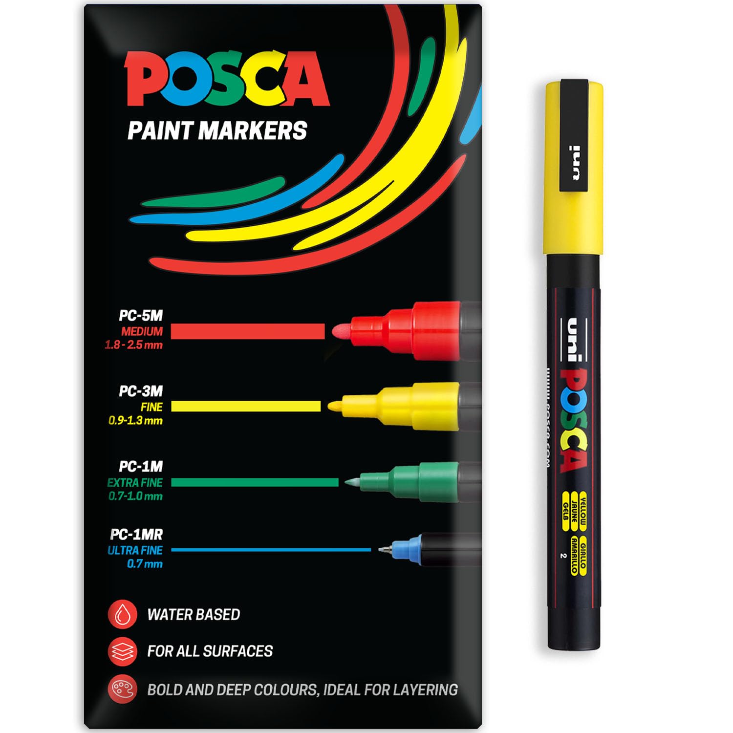 Posca Water Based Acrylic Paint Marker Pens | Multi Surface Use Permanent Paint Pen | Pack of 1 in Envelope Gift Packaging | Glass, Fabric, Canvas, Wood etc | PC-3M, Yellow