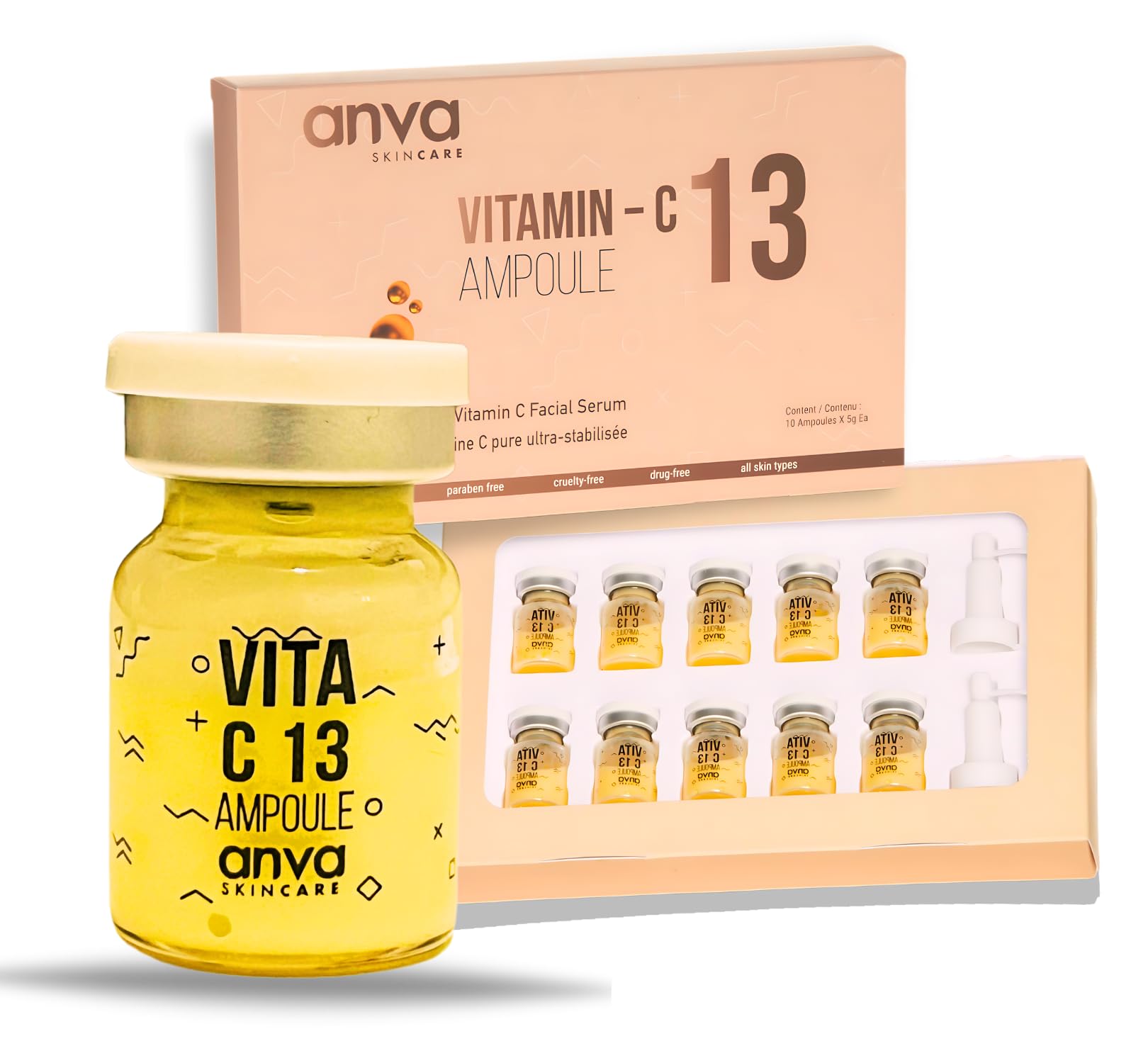 Korean Vitamin C Serum with Glutathione – 13% Stabilized Face Serum for Bright, Even Skin – Anti-Aging Ampoule for Dark Spots, Fine Lines & Wrinkles | 10 x 5ml (8 Week Supply)