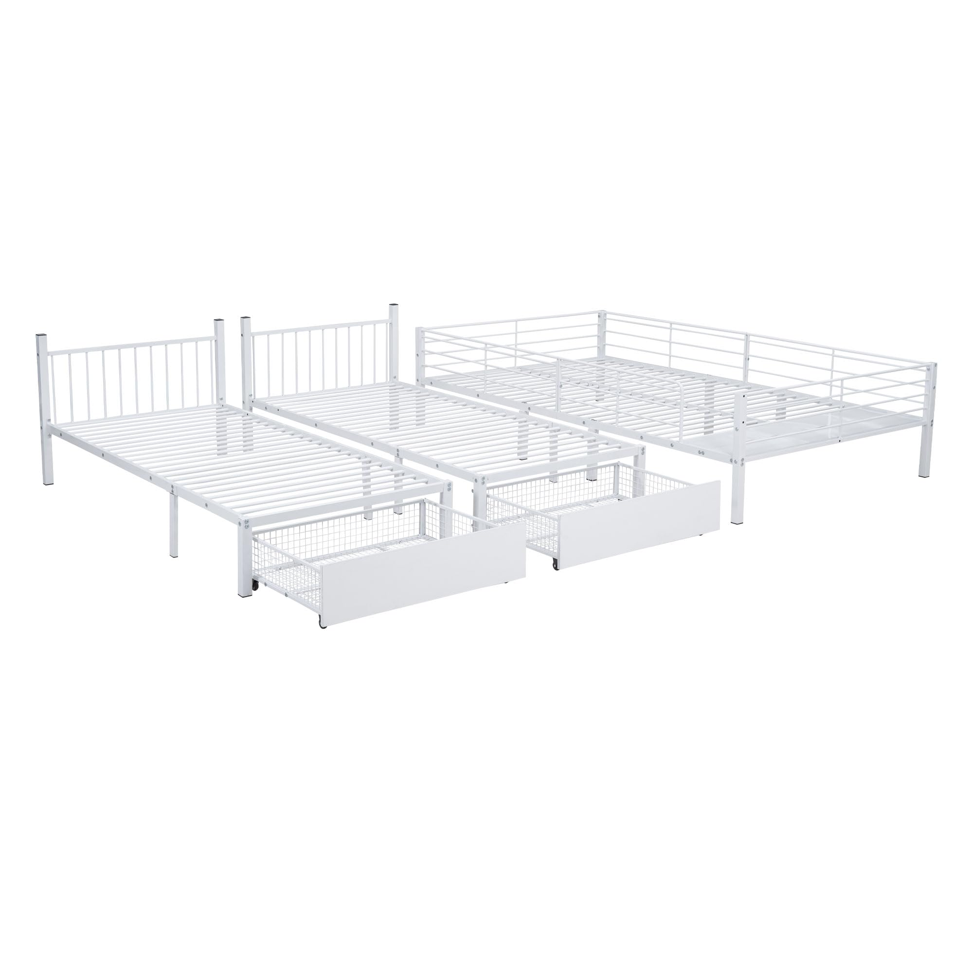 Moimhear Letto a castello triplo con cassetti, trasformabile in letto matrimoniale 140 x 200 e due letti singoli 90 x 200, letto multifunzionale con struttura in metallo (bianco)