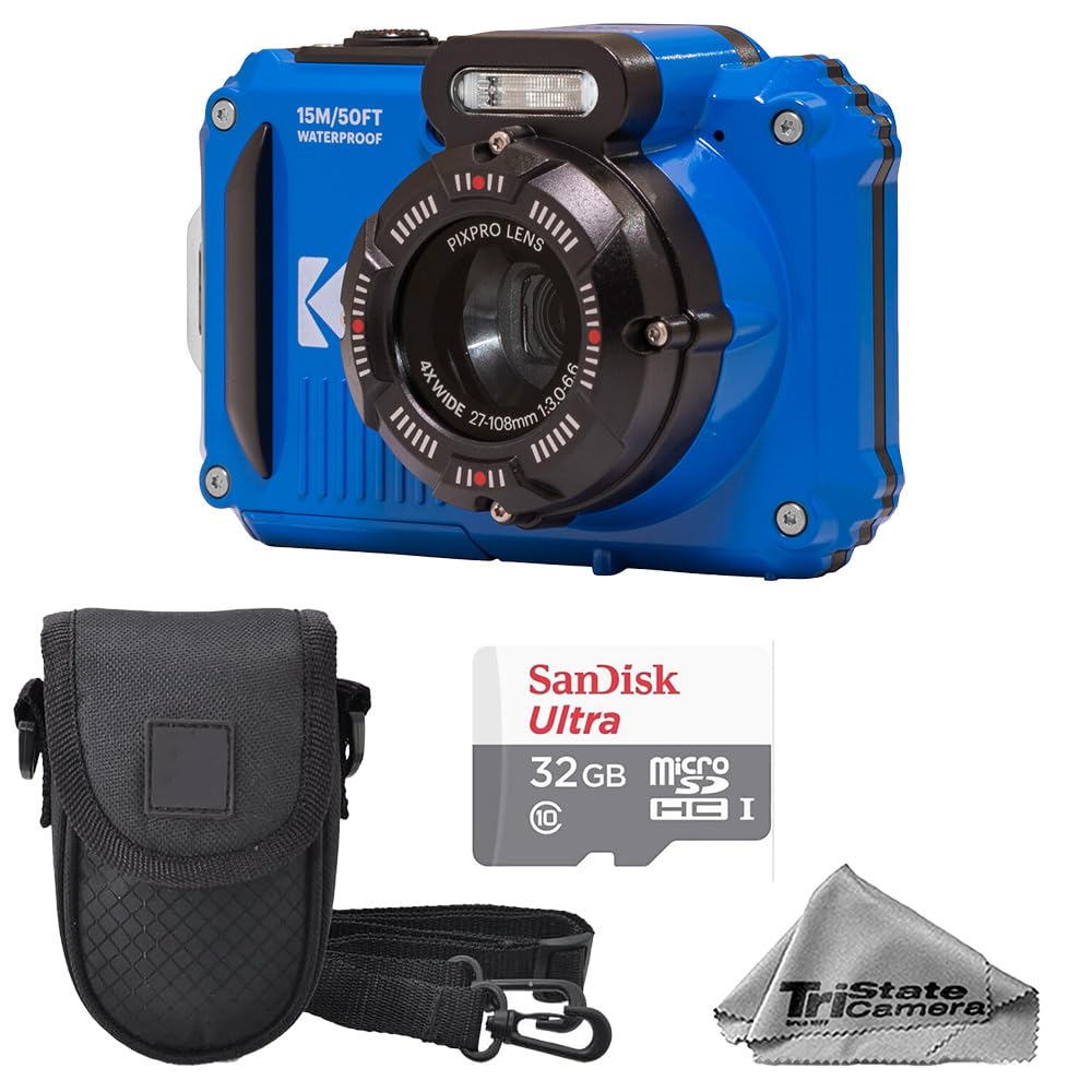 Kodak PIXPRO WPZ2 Waterproof, Shockproof & Dustproof Camera (Blue) – 16MP 4X Optical Zoom, Full HD Video + 32GB Memory Card, Camera Case & Microfiber