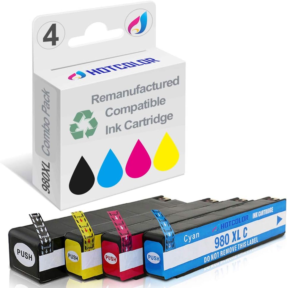 Wееklу Tор Sаlе HOTCOLOR 980XL Ink Cartridge Replacement for HP 980 XL Officejet Enterprise X585z X585dn X585f X555dn X555xh Printer(1Black/1Cyan/1Magenta/1Yellow, 4 Pack)