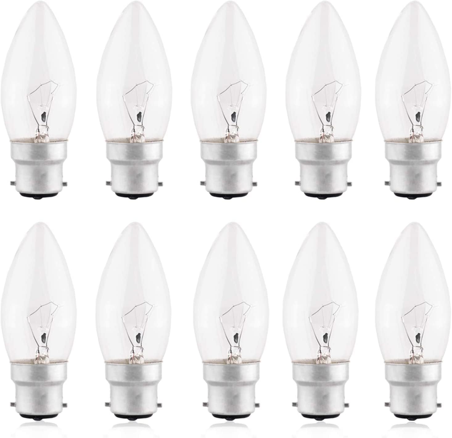 B4U Candle Light Bulb Bayonet, Pack of 10 BC B22 Candle Light Bulbs 4̣0̣Ẉ, Clear, Warm White 2700K