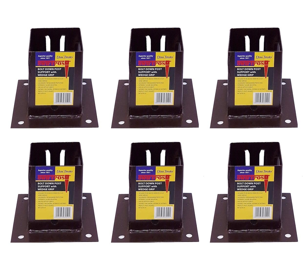6 x Fence Post Holder 100mm posts Support Bolt Down Shoe Anchor Wedge Grip Brown for 100mm x 100mm posts (4") Eliza Tinsley Swiftpost, Pack of 6