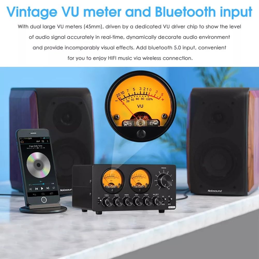 EQ5-PRO 5-Band EQ Equalizer mit BT-Empfänger, Stereo-Audio-Vorverstärker und VU-Meter, Metallgehäuse, Bluetooth 5.0, 100 Hz/400 Hz/800 Hz/4 kHz/10 kHz, Bypass-Modus, Balance-Regelu