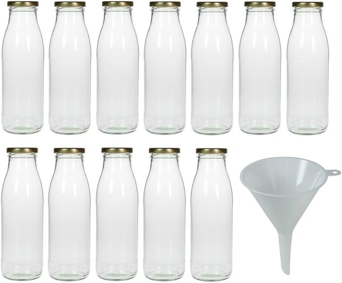 12x Weithals Glasflaschen 500ml Mit Golddeckel - Milchflaschen, Saftflasche Mit Trichter Von Viva