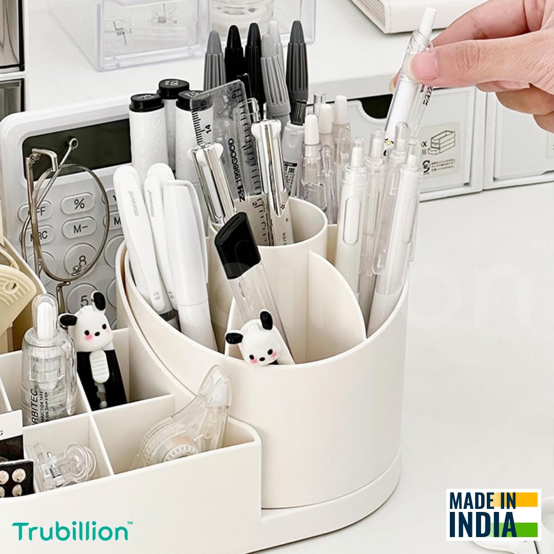 TRUBILLION Revolve 360 Degree Rotating Office Desk and Makeup Brush Organizer Stand, Multipurpose Organizer with 16 Compartments for Brushes, Pens, Stationary – Durable, No Installation Needed (White) 4