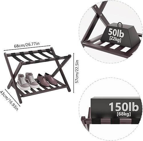 Miniatura 22 de Smuxee Portaequipajes de nogal totalmente montado, soporte de maleta plegable de bambú mejorado con 5 correas de nailon, soporte de equipaje