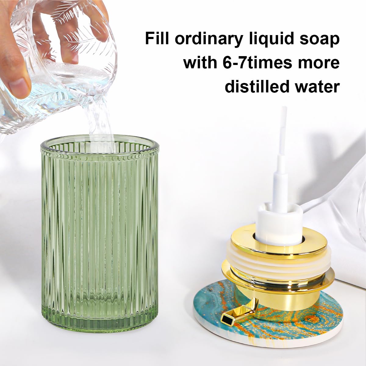 Schaumseifenspender, Badezimmer, grünes Glas, Schaumseifenspender, nachfüllbar, 340 ml, Schaumpumpenbehälter mit Goldener Pumpe, dekorativer schlanker Gerippter Spülseifenspender für Küche