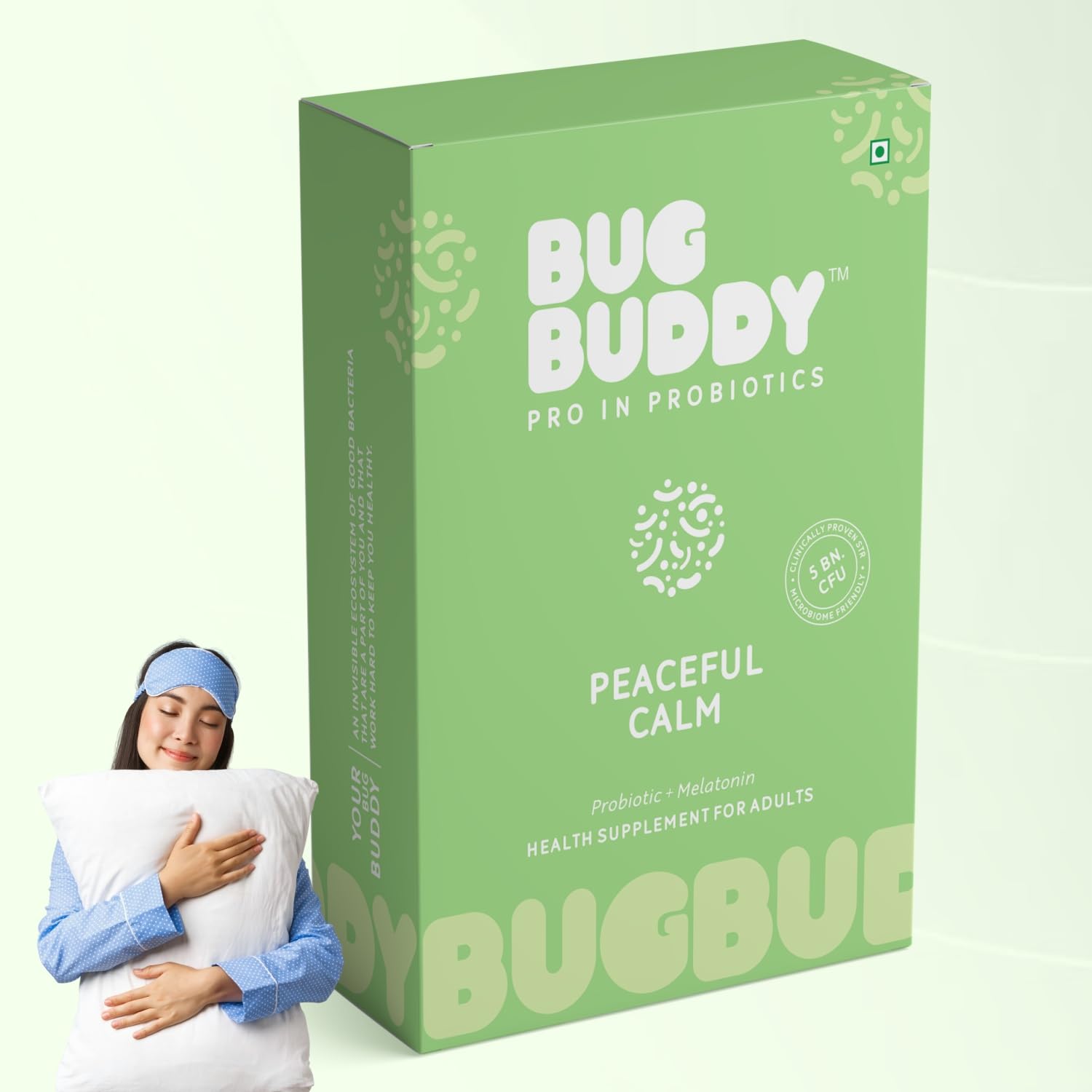 Bug Buddy - Peaceful Calm | Non-Habit Forming | Sleep Supplement with Magnesium, Melatonin and Probiotic | For Restful Sleep, Stress Relief & Gut Health | 15 Days Pack