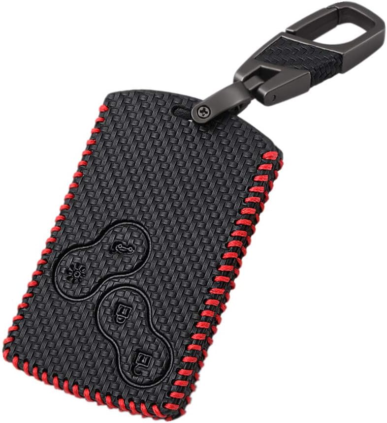 Carbon Fiber Style Leather Car Key Cover Cases keychain for Renault Clio Scenic Megane Duster Sandero Captur Twingo koleos 4 Buttons (Red line)