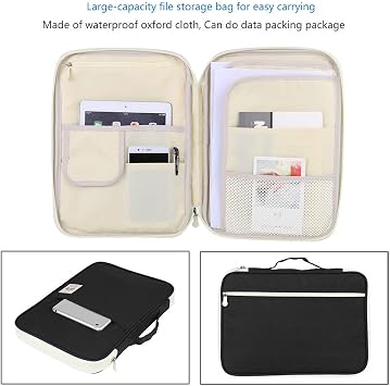 A4 Document Bag File Folder Portfolio Organizer, Zippered Case, Oxford Cloth, Black, 13.8x9.8x1.4 Inch