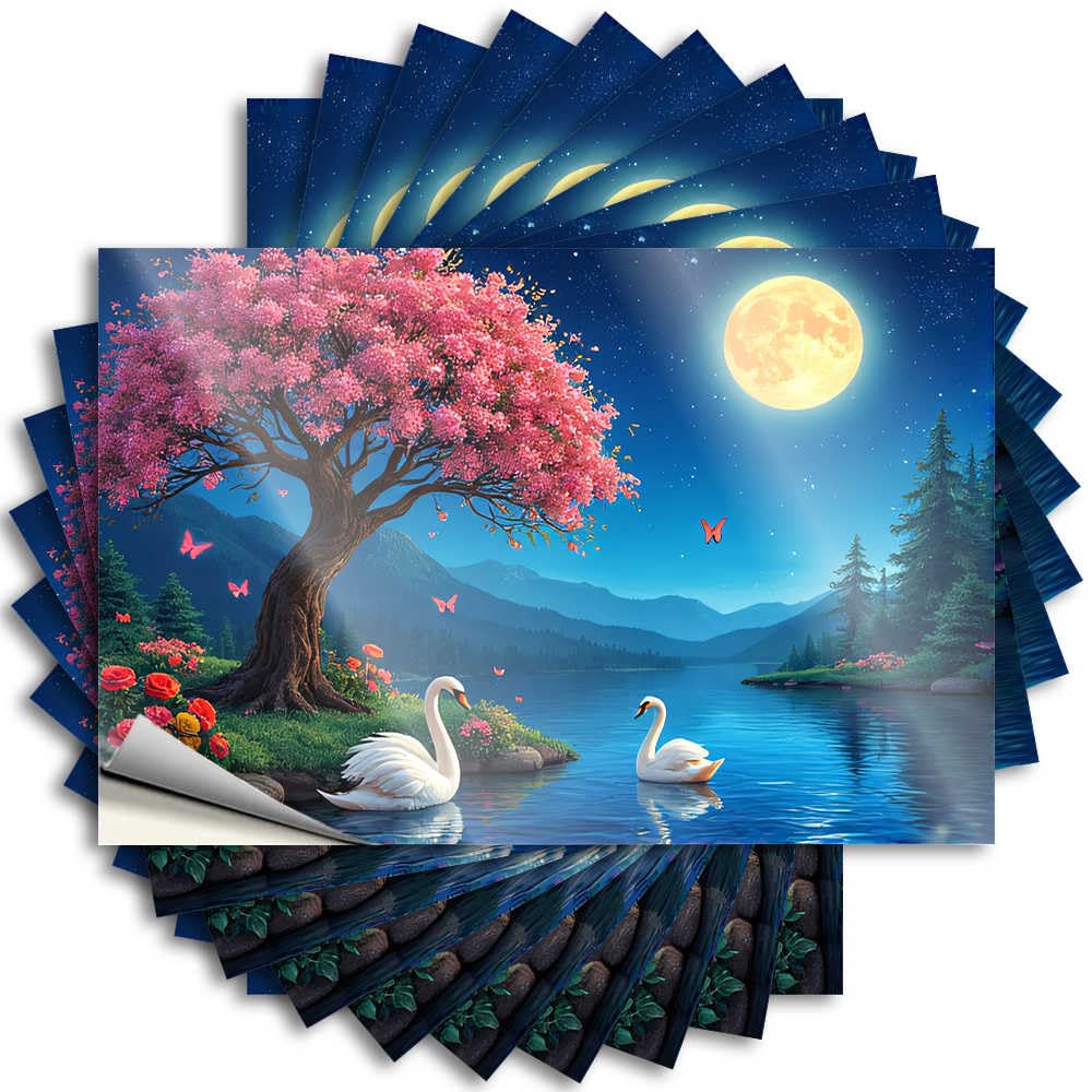 Cool Decor Funny Sticker - Plush Science Bumper Swans By The Moonlit Lake with Cherry Blossoms(8X12CM)