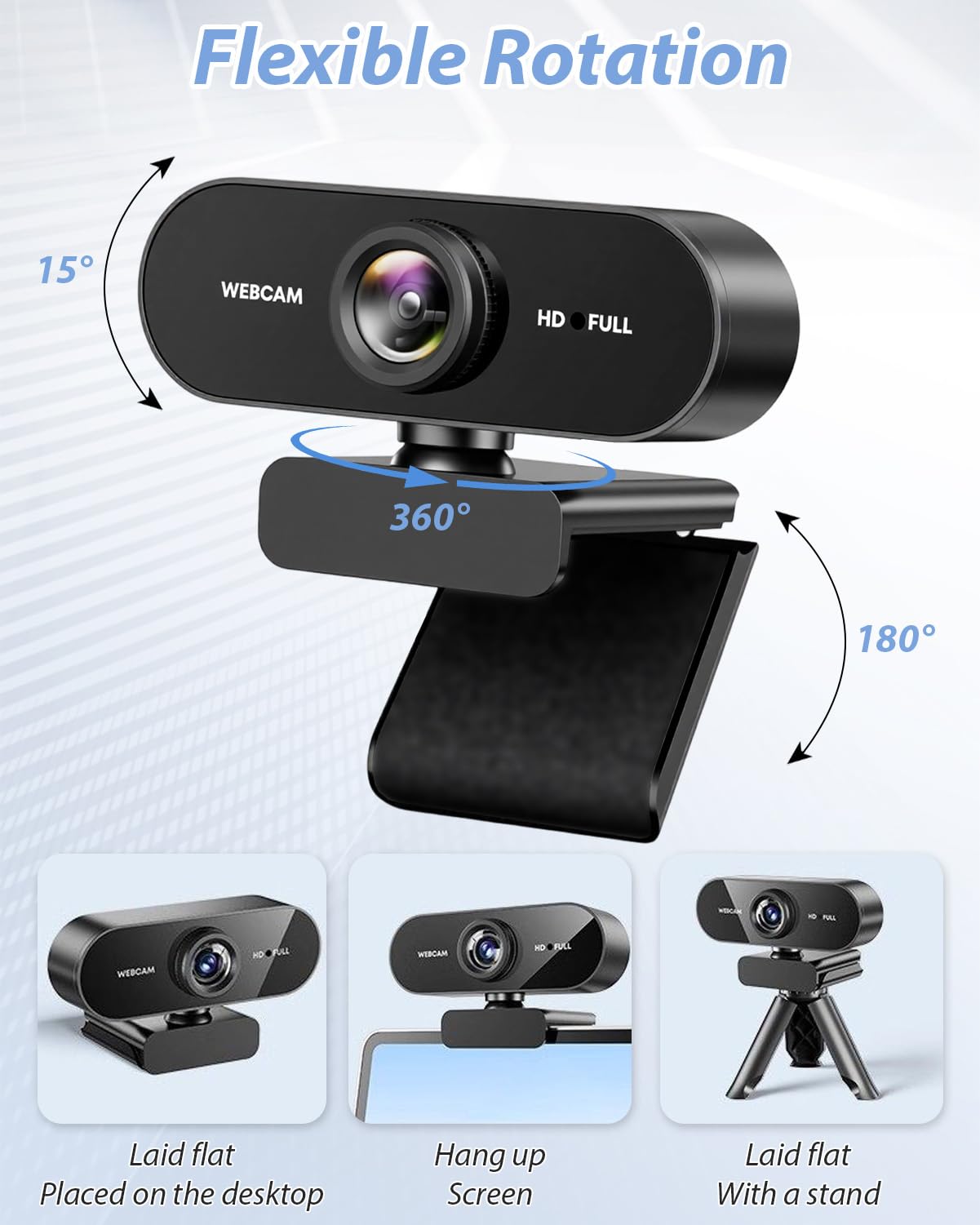 Webcam Full HD, 1080P/30fps Webcam mit Mikrofon, Facecam USB Web Cam, 90° Weitwinkel Rauschunterdrückung, Automatische Lichtkorrektur, Plug&Play für PC Live-Streaming Videoanruf Konferenz Spiel