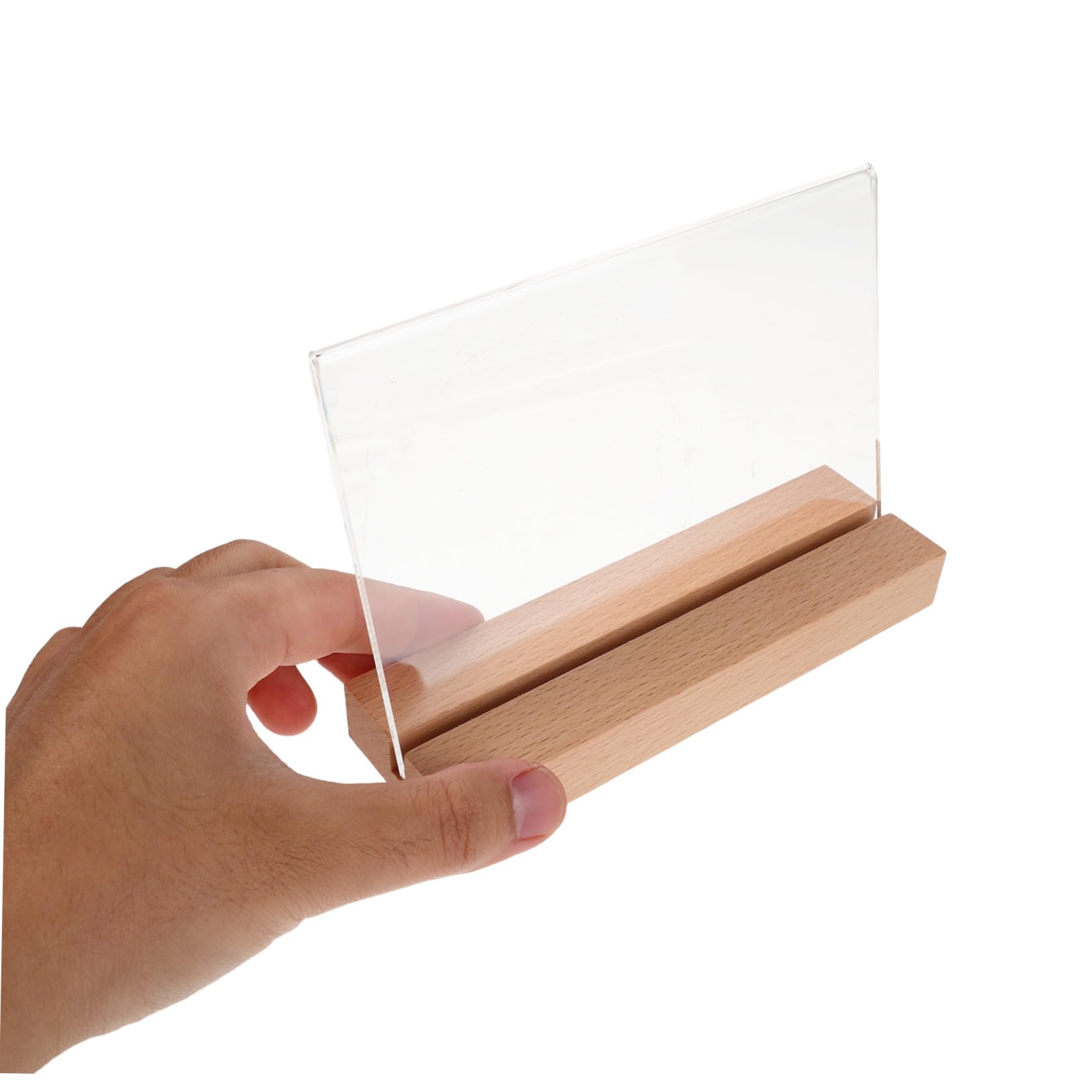 Soporte para Letreros de Escritorio con Base de Madera, Acrílico Transparente, Diseño Horizontal Estable, Adecuado para Oficinas y Restaurantes, Paquete de 5 Unidades