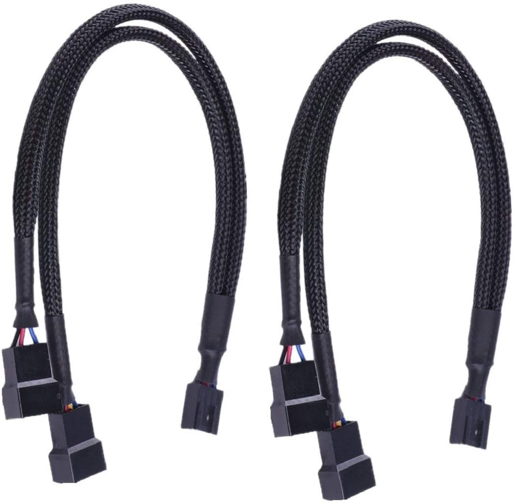 Apuxon 2 Pack PWM Fan Splitter Cable, Computer PC Case Fan Power Cable 1 to 2 Converter - Black Sleeved