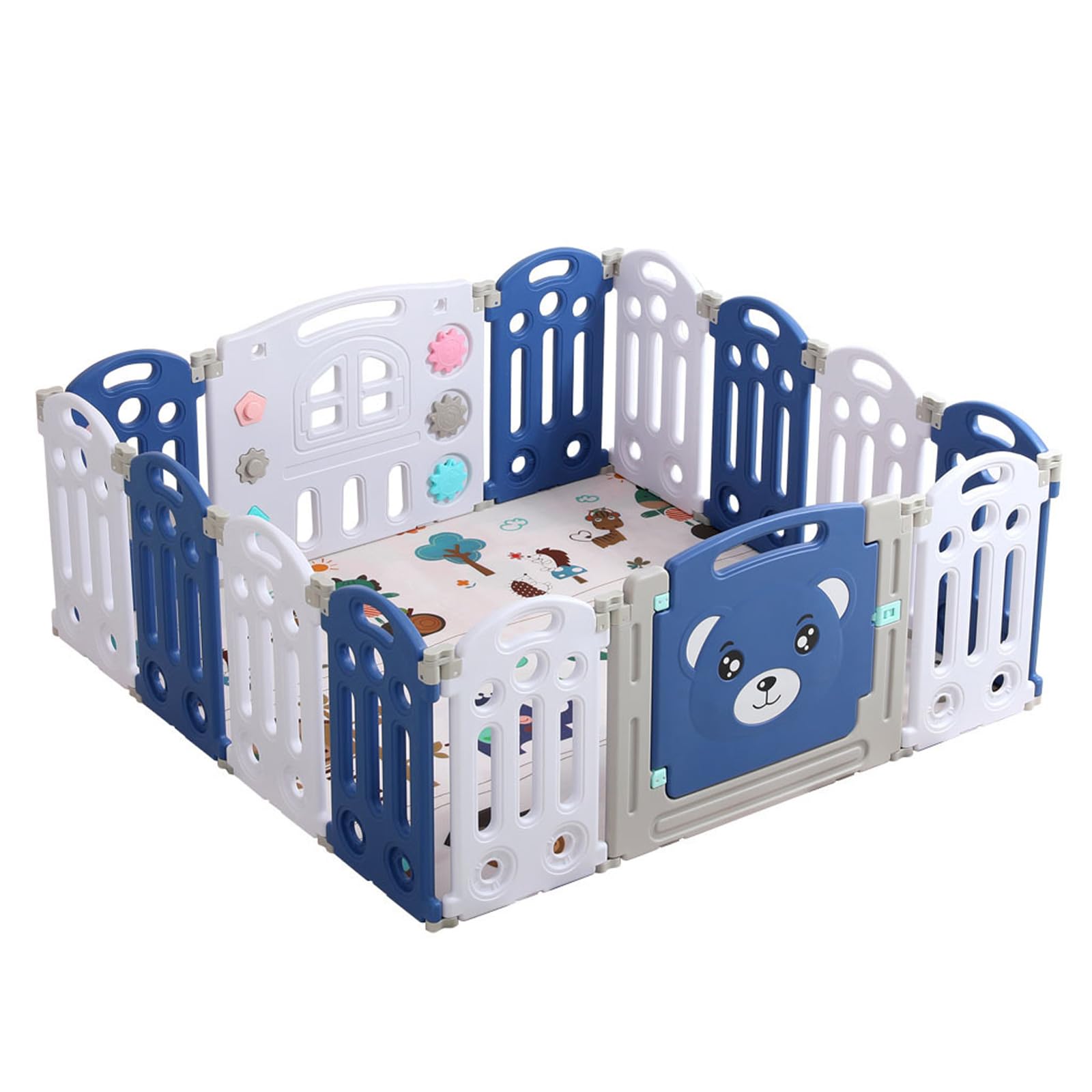 Kids Play Yard, 12+2 Foldable Baby Playpen with Ball Pool and Slide, Blue and White Bear Design, Indoor/Outdoor Use, Includes Crawling Mat, for 6-36 Month Baby (Playpen+Rocker)