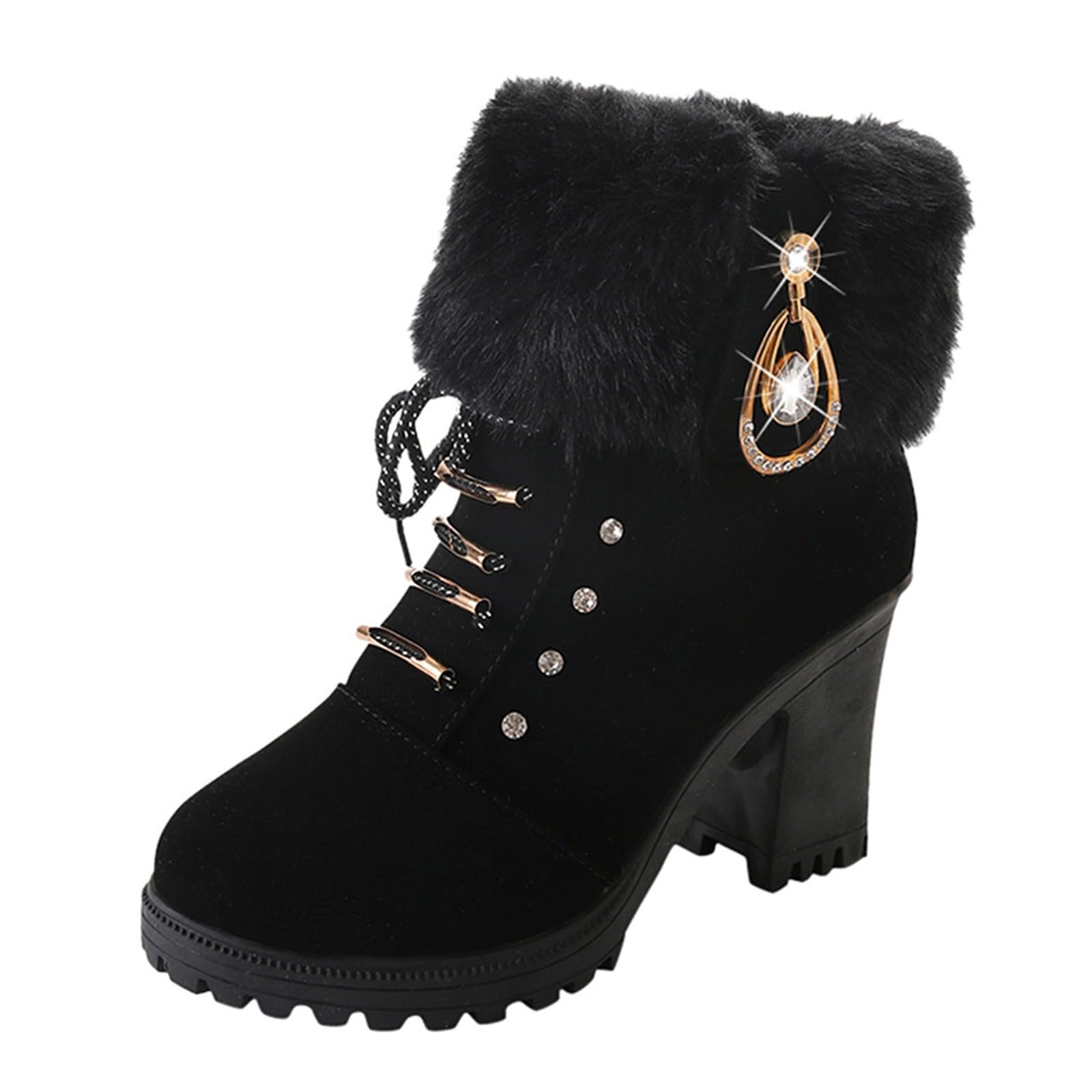 Women Winter Chunky Heel Ankle Boots Rhinestones Decor Shoes Warm Lined Lace Up Booties Snow Boots for Women