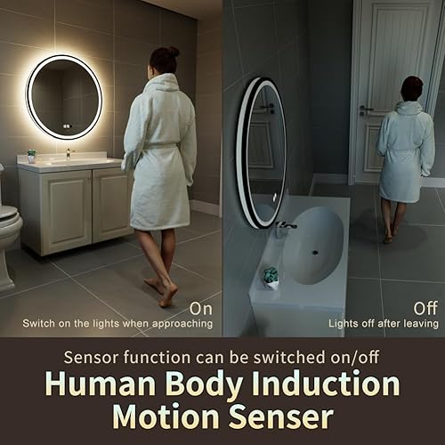 Miniatura 3 de GANPE Espejo con Sensor LED, Redondo, Inducción de Cuerpo Humano, Espejo de Tocador con Marco Negro, Iluminado Regulable Anti Niebla IP44