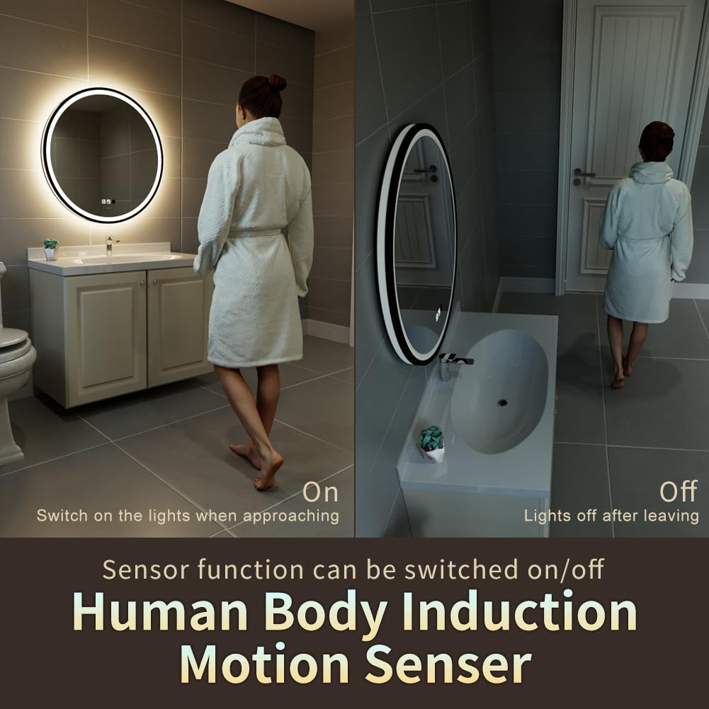 GANPE Specchio con sensore a LED, rotondo, a induzione del corpo umano, illuminato, dimmerabile, anti appannamento, impermeabile IP44, specchio da parete (60_x_60_cm)