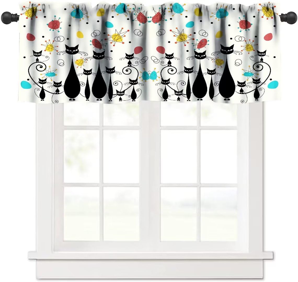1950s Retro Valance, Mid Century Modern Atomic Black Cat Starbursts Abstract Geometric Print Short Valances Window Treatment for Kitchen Bathroom Living Room Kids Bedroom, 54x18in