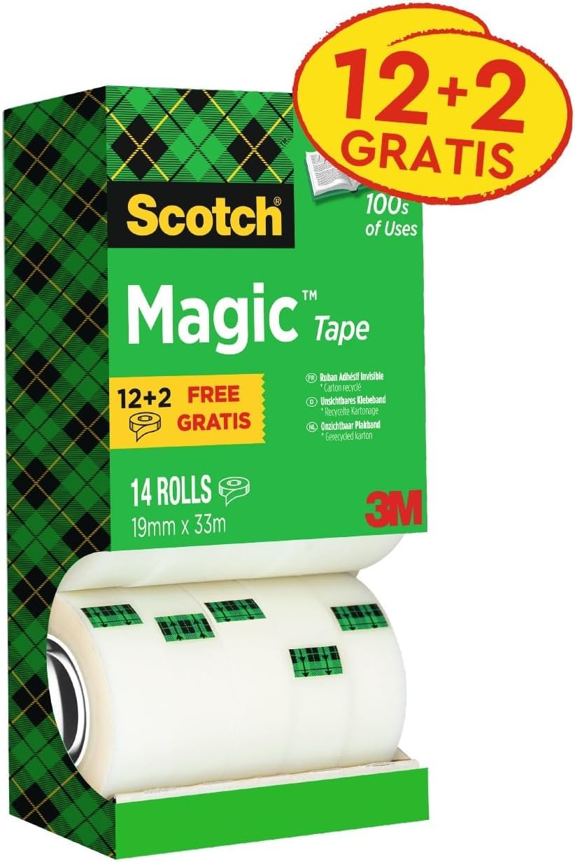 Scotch Magic Cinta Adhesiva Invisible - Paquete ahorro de 14 Rollos de 19mm x 33m - Cinta Adhesiva de Uso General para Reparación, Etiquetado y Sellado de Paquetes y Documentos