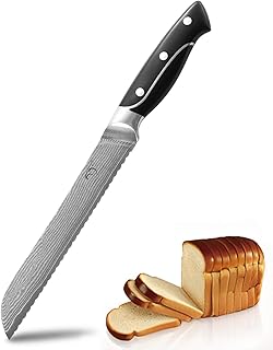 NANFANG BROTHERS Couteau Damas Couteau à Pain Dentelé en Acier Damas Lame de Couteau Extra Tranchante Couteau de Cuisine Dentelé Couteau à Pain en Acier