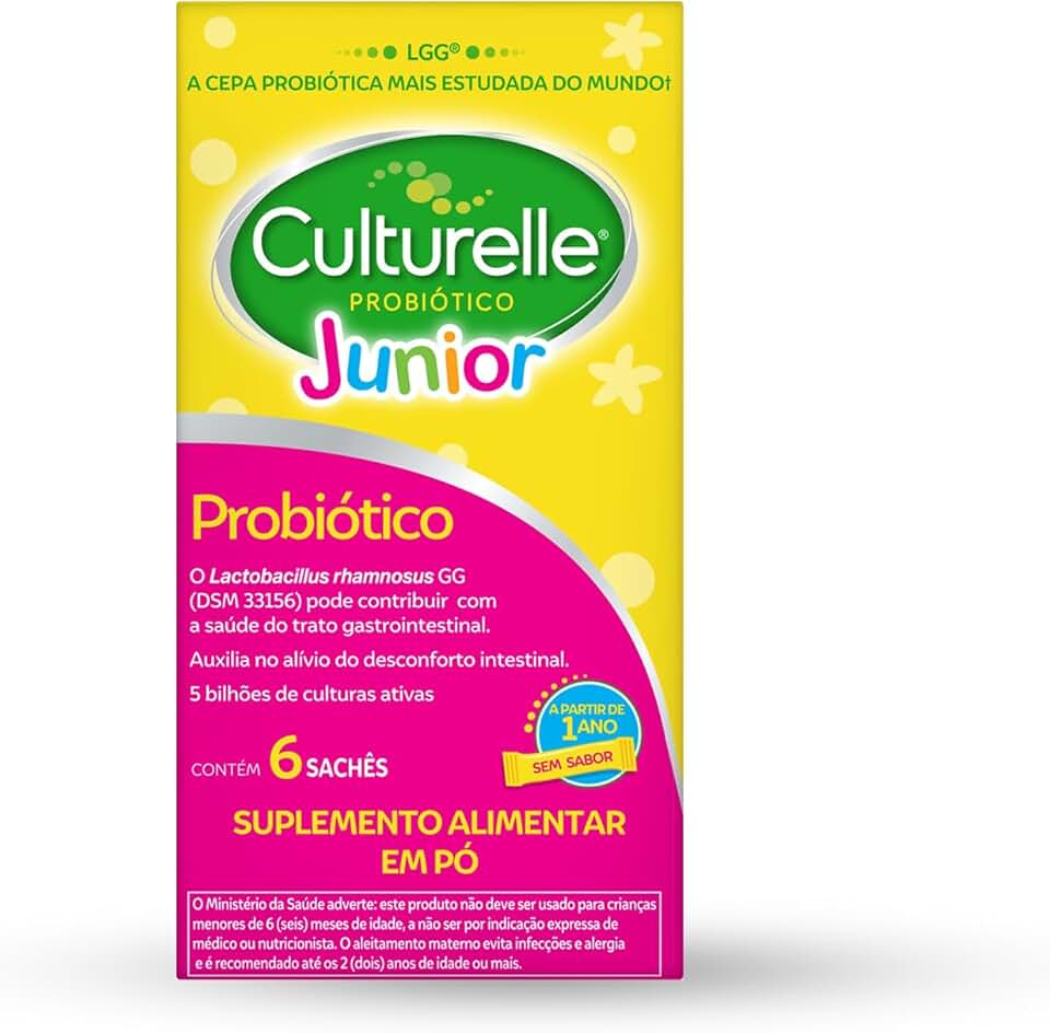 Culturelle Probiótico Júnior, Com Lactobacilos, Sem Glúten, Sem Lactose, Para Bebês, Crianças e Adolescentes a partir de 1 ano, Sem Sabor, 6 Sachês