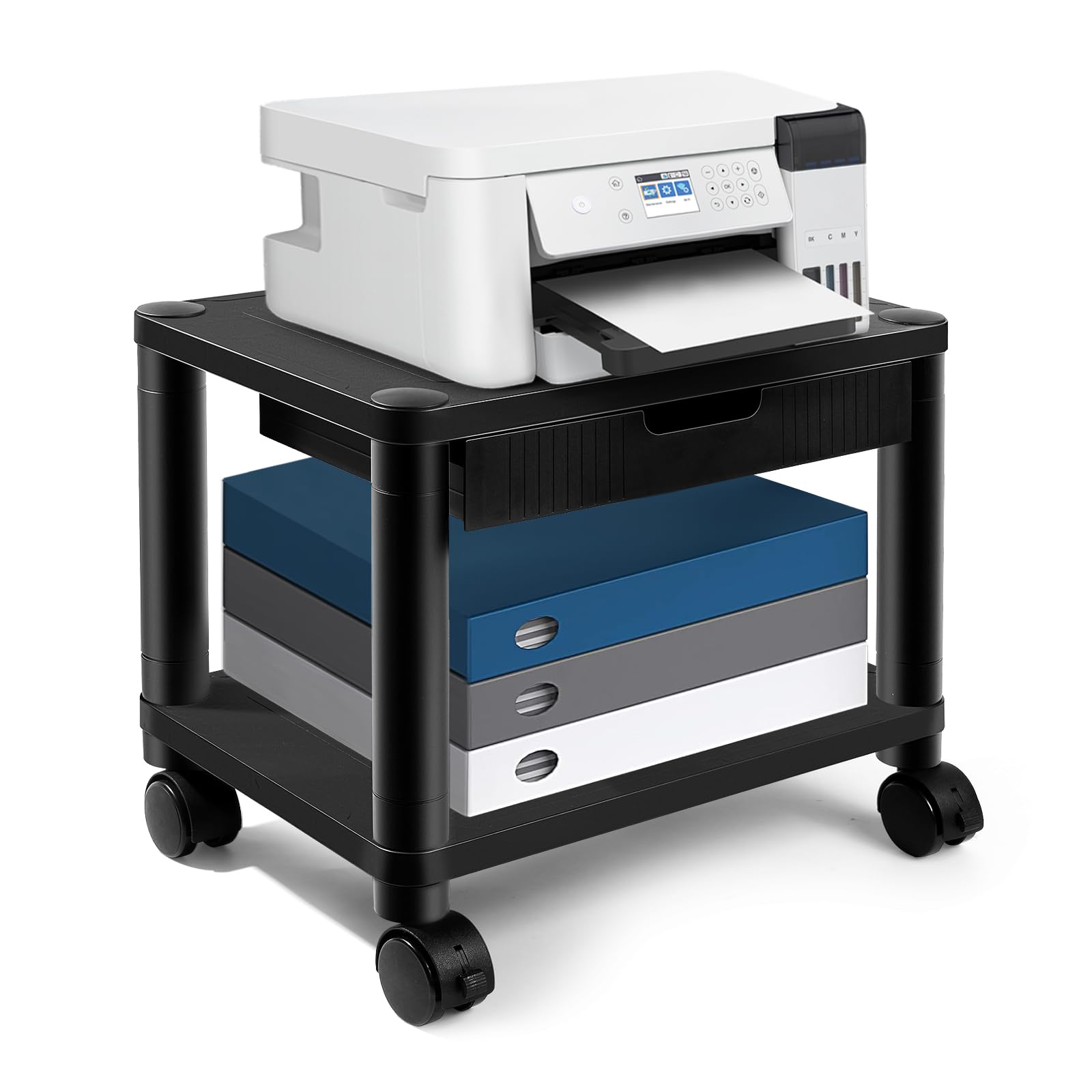 ZUCONKITCH Under Desk Printer Stand with Wheels, Rolling Printer Cart with Lockable Wheels, 2-Tier Printer Table with Storage Drawer for Home&Office (