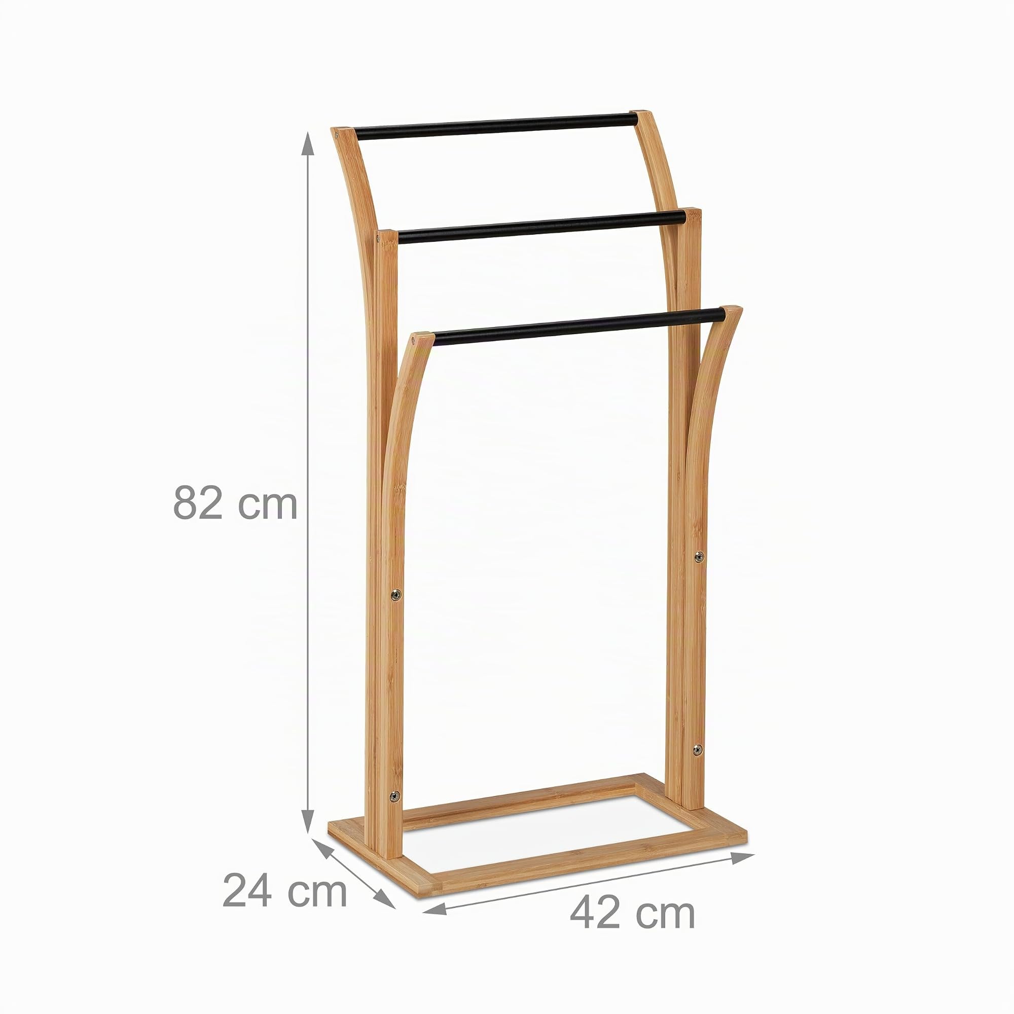 Relaxdays Toallero de Pie, Soporte Toallas Bambú, 3 Barras Escalonadas, 82 x 42 x 24cm, Portatoallas Baño, Natural/Negro