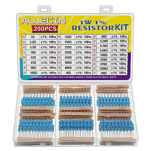 ALLECIN 25 Values 1W Metal Film Resistor Kit from 1 Ohm to 1M Ohm 1 Watt 1% Resistors Assortment