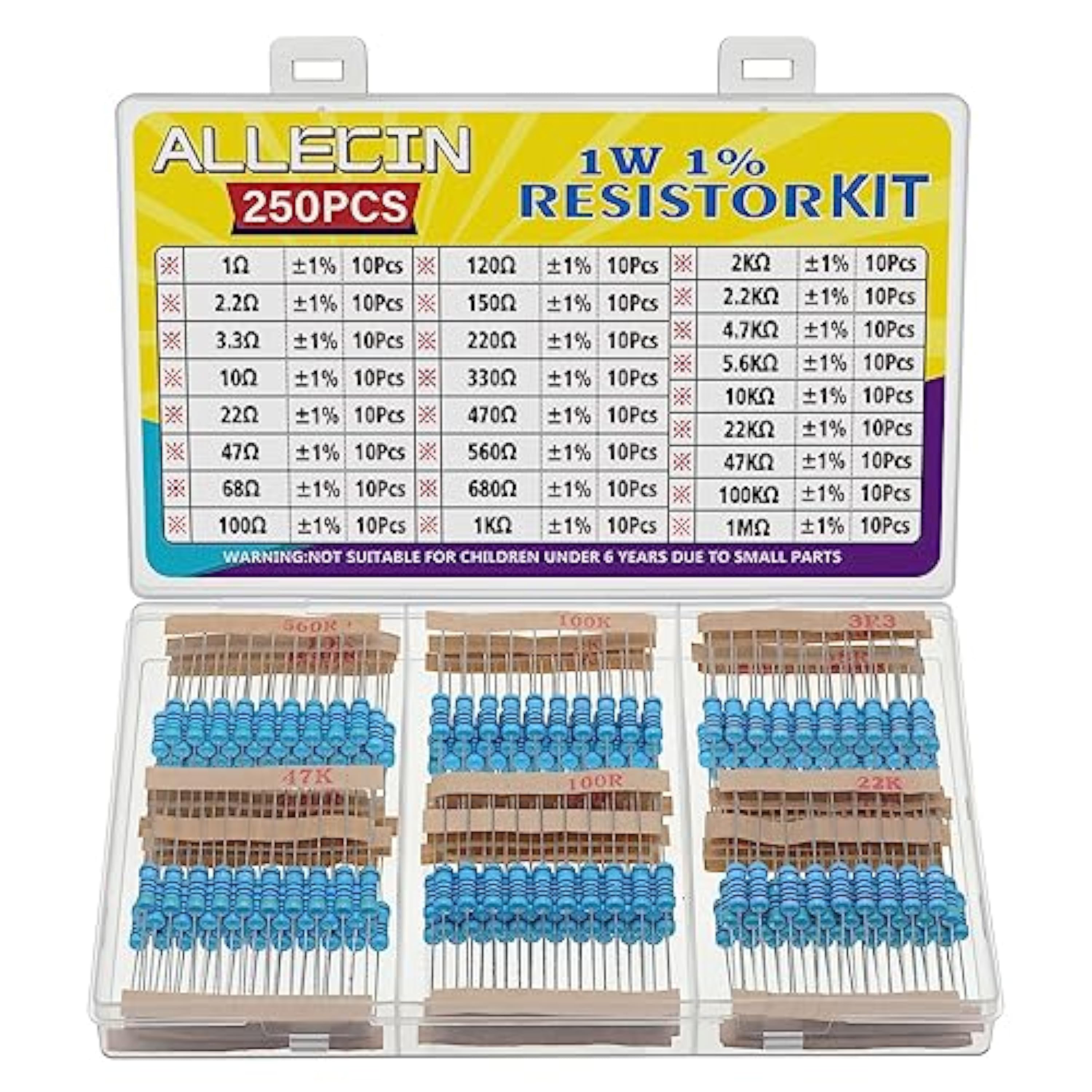 ALLECIN 25 Valores 1W Resistencias Electronica Kit 1 Ohmio a 1M Ohmio 1 W Resistencia de Película Metálica 1% Tolerancia 1Vatio Resistor Metal Film