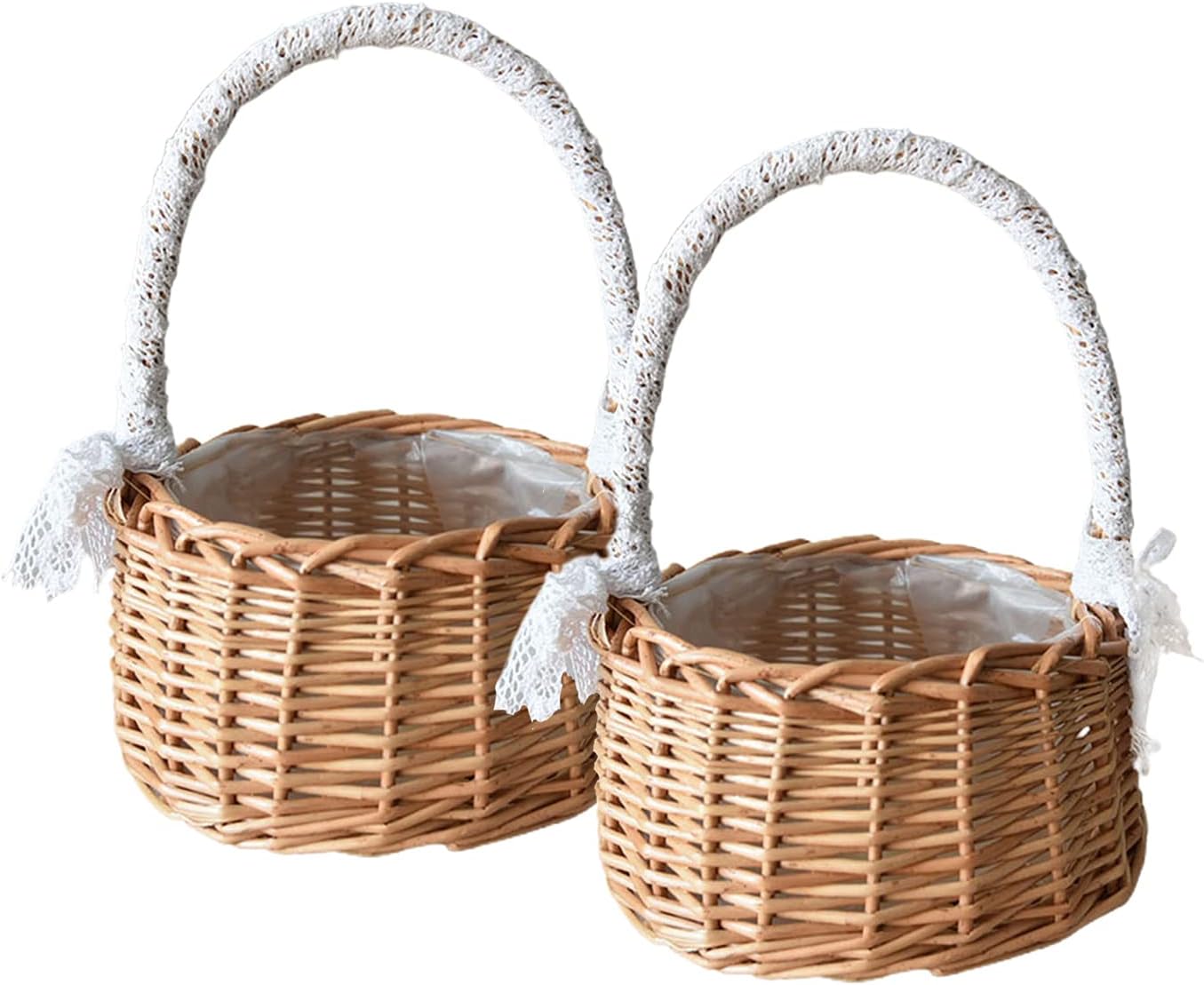 ASSR 2PCS Woven Storage Basket w/Handle and Ribbon,Wedding Flower Girl Baskets,Wicker Rattan Flower Basket for Home Garden Decor -A1