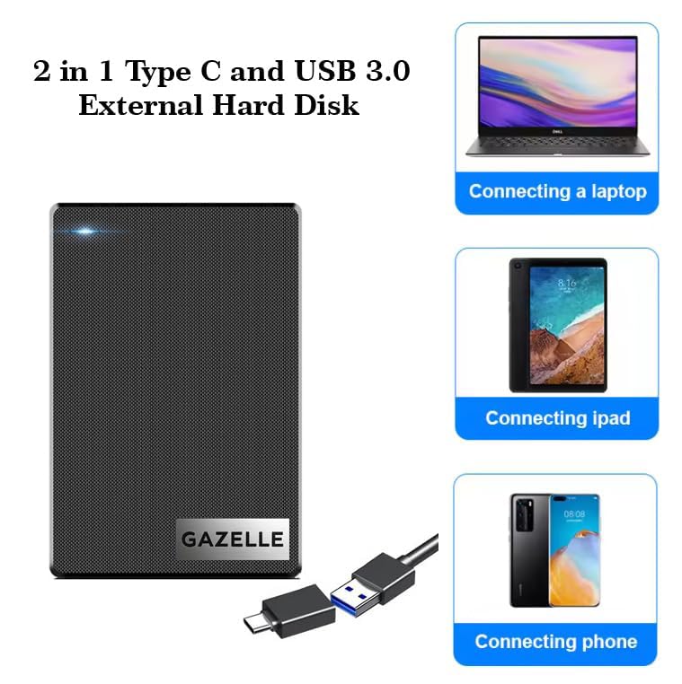 Image of GAZELLE High-Speed 1TB Ultra Slim Portable External Hard Drive - 2-in-1 Type C & USB 3.0, Compatible with PC, Mac, Laptop, PS4, Xbox, iPad, Tablet, Mobile (Black) - 1 Year Warranty