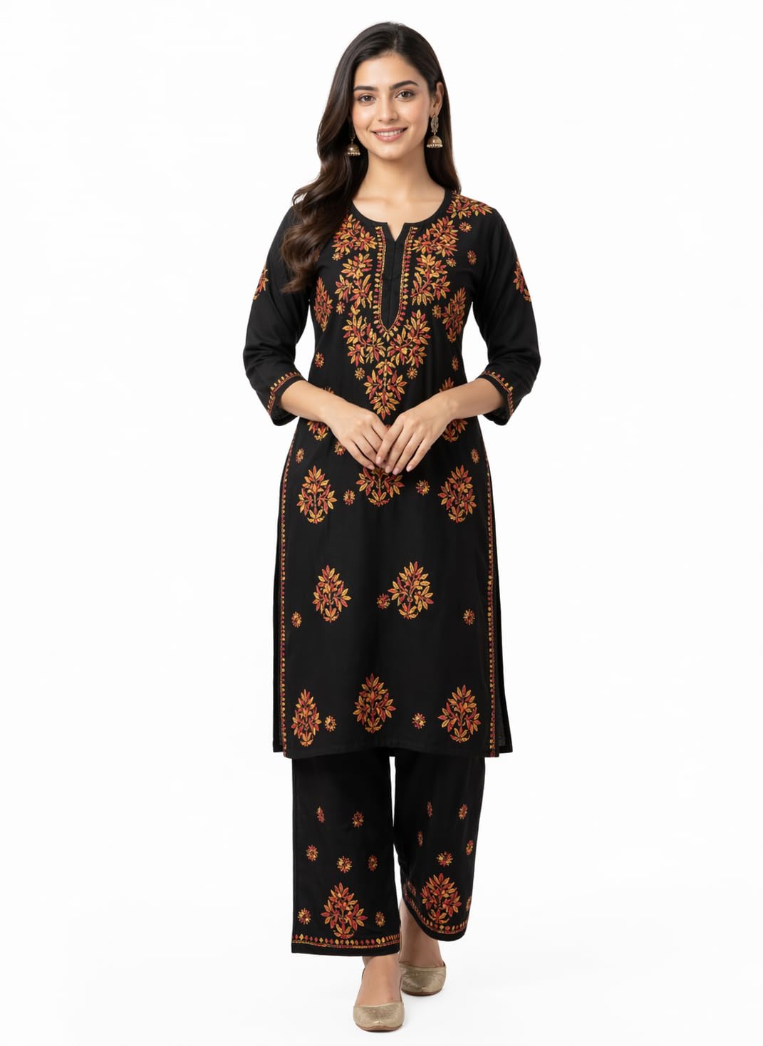 Women’s Embroidered Kurta Pant Set Floral Thread Work Straight Kurta with Palazzo Pants Cotton Blend Ethnic for Festive, Office, Casual and Daily Wear-picture-54