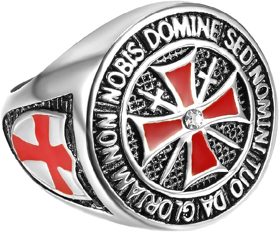 BOBIJOO JEWELRY - Chevalière Bague Anneau Homme Chevalier Templier Tout Argenté Croix Rouge Email Diamant Trésor