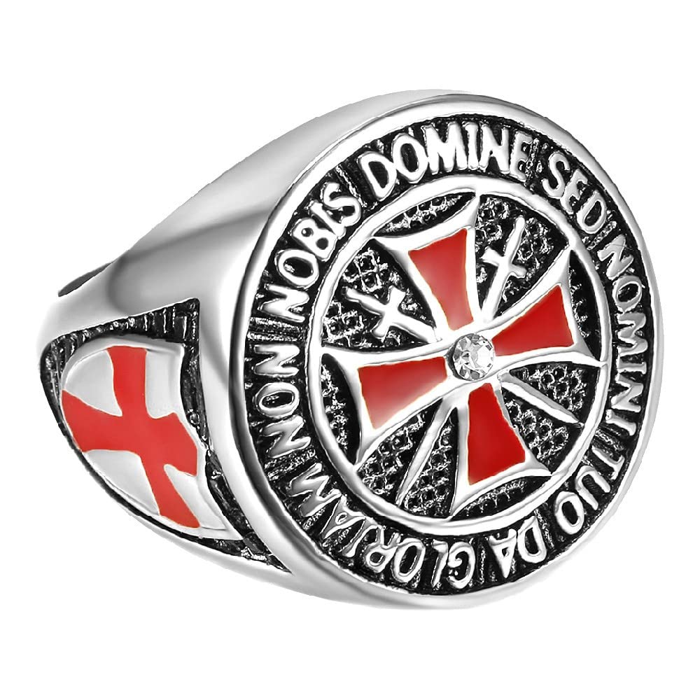BOBIJOO JEWELRY - Chevalière Bague Anneau Homme Chevalier Templier Tout Argenté Croix Rouge Email Diamant Trésor