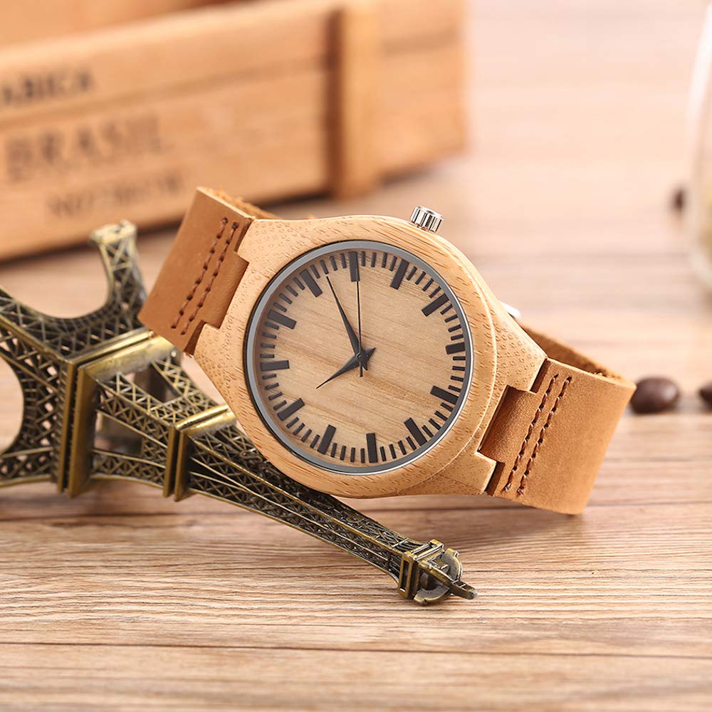 Kim Johanson Orologio da polso da uomo, in legno di bambù, colore marrone, con vera pelle, realizzato a mano, al quarzo, analogico, con confezione regalo inclusa, bambù, Senza pietra.