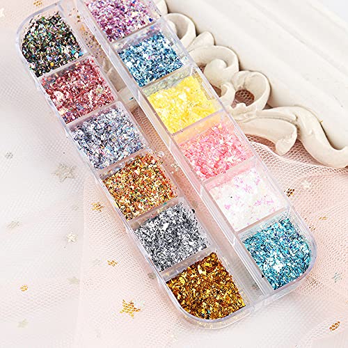 Holographic Nail Art Foil Flakes, 12Grids Colorful Nail Foil Glitters Nail Art Supplies Confetti Gold Silver Irregular Nail Flake Acrylic Nail Powders Summer Effect Nail Art Pigment Decorations Kit #TOP2