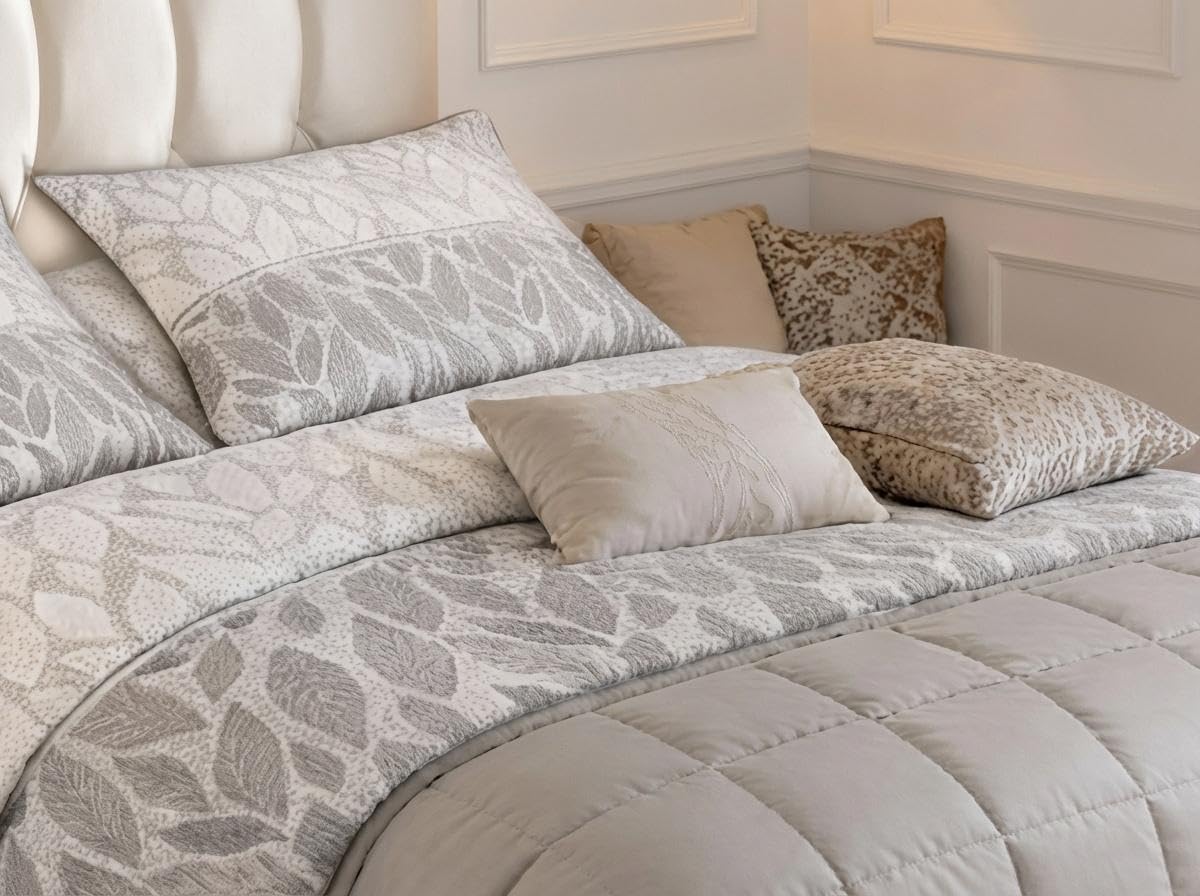 L'Emporio Casa Set Lenzuola Completo Matrimoniale di Cotone 100% Morbidissime Eleganti - Varie Fantasie (Fogliolina Grigia)