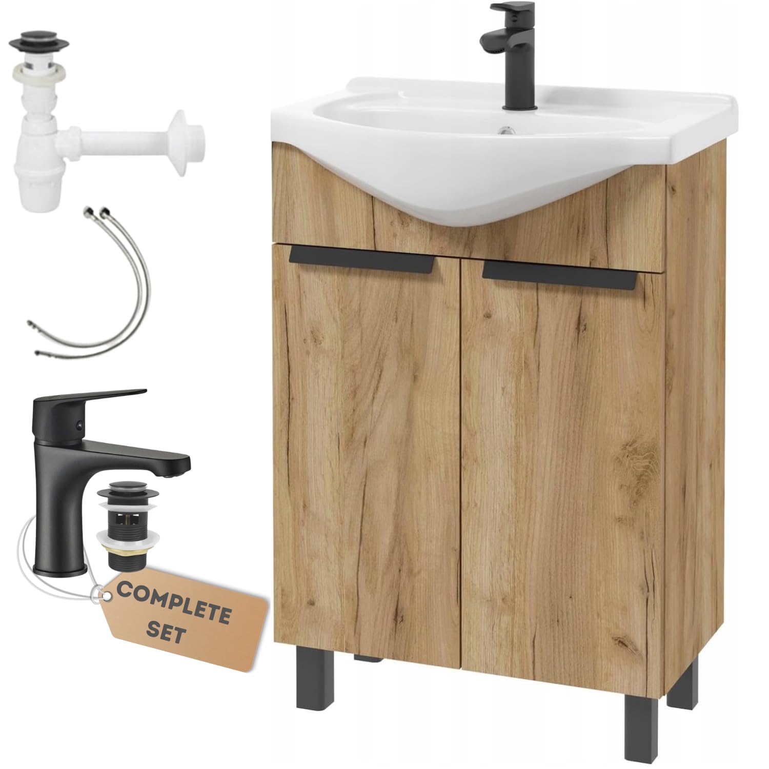 .Deftrans waschbecken mit unterschrank 60 x 85 x 43,5 cm -waschtisch mit unterschrank und Waschtischarmatur, gäste wc waschbecken mit unterschrank 60 cm Holz, schwarz Armatur, klick-Klack, Siphon Set