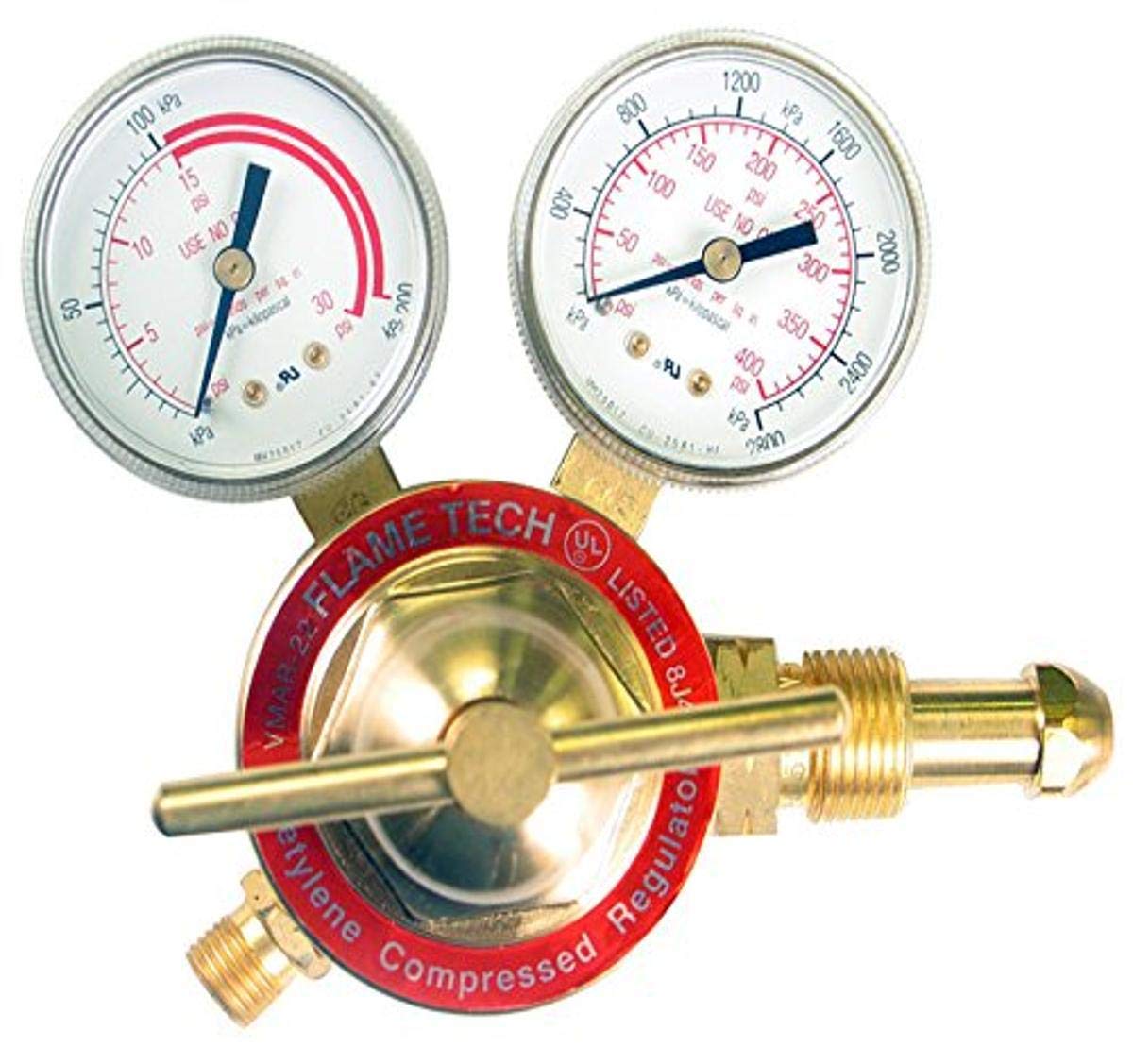 Flame Tech Medium-Duty Acetylene Regulator, Forged Brass Body and Bonnet, Premium-Quality Acetylene Torch Kit, Easy to Read Dual Scale, Victor Compatible, Tested in The USA