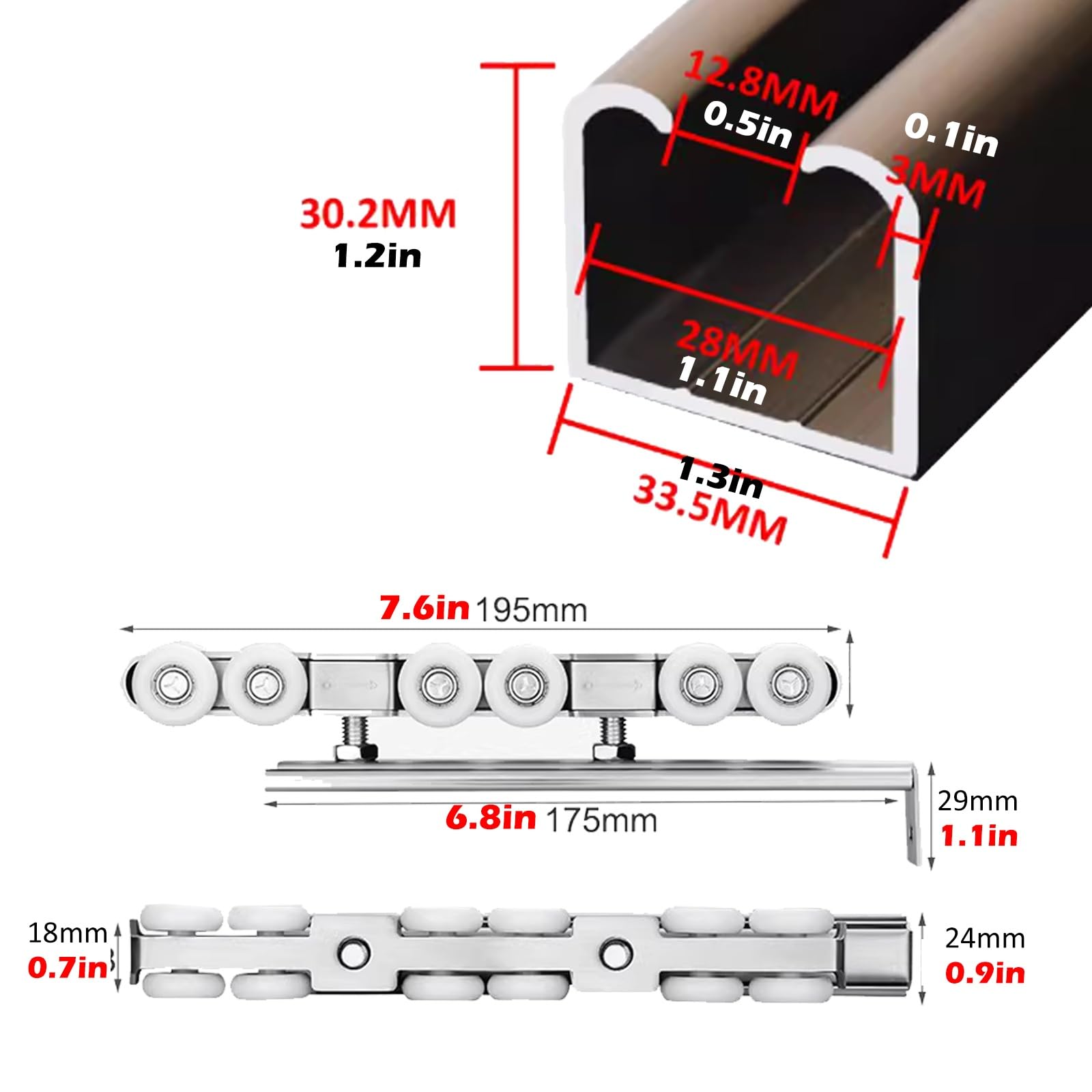 Kit de herrajes para puerta corredera, riel de derivación de 0,9 m con ruedas, accesorios impermeables para puertas de granero para armarios y armarios, acabado plateado y blanco personalizable