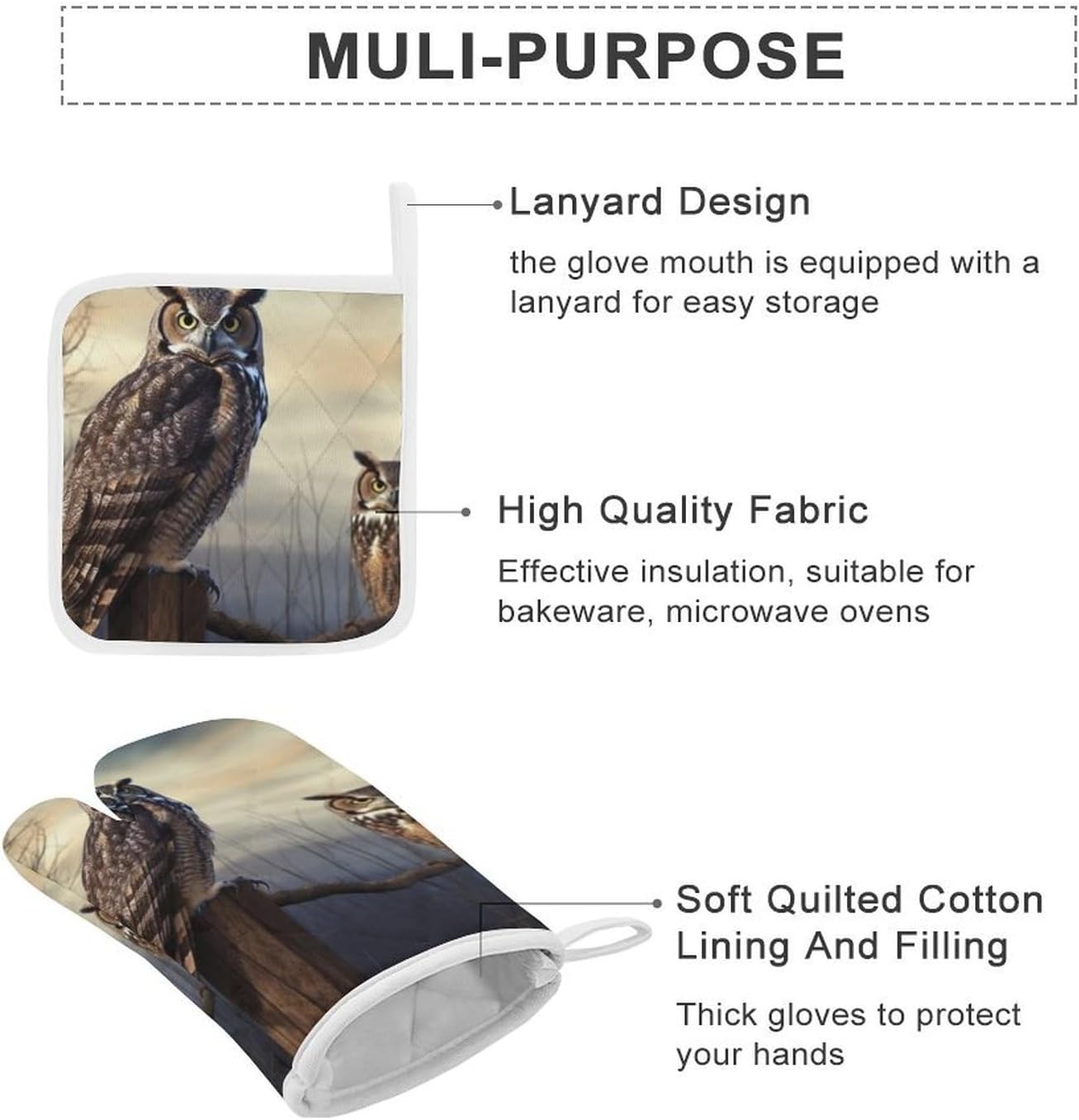 4-Piece Oven Mitts and Pot Holders Set Owl Sitting Tree Fence Printed Heat-Resistant Polyester Kitchen Gloves and Potholders Comfortable & Durable for Cooking Baking and Grilling